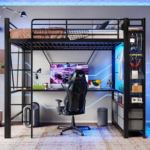Moimhear Cama alta, 90 x 200 cm, con estantes, 4 cajones, con USB, tira LED, barandilla, escalera con tabla perforada, sin colchón (negro, con escritorio)