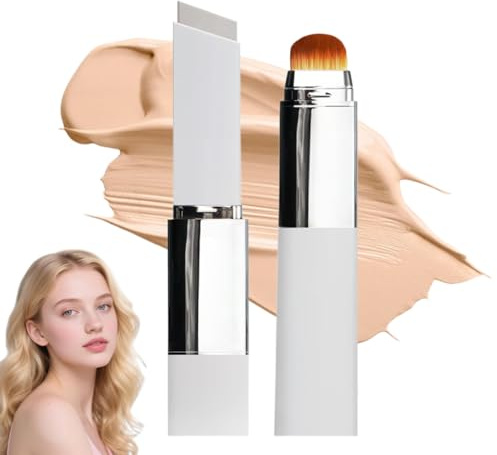 Colour Changing Foundation Stick, 2-in-1 Korean Foundation Stick & Full Coverage Found/ation with Brush, Hydrating White Found/ation for Light & Medium Skin, Natural Finish