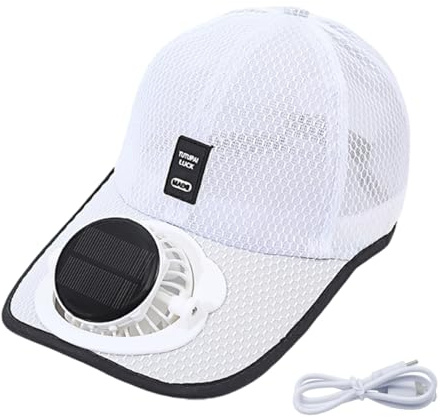 FOUTP Cappello con Ventola Solare USB Berretto da Baseball a Rete Traspirante Unisex Regolabile a 3 velocità Doppia Ricarica per Pesca Campeggio Lavoro all'Aperto Protezione (Bianco)