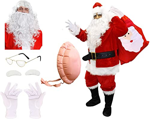 Adults Santa Claus Christmas Costume - 4XL - Jacket, Trousers, Hat, Belt, Boot Covers, Wig, Beard, Glasses, Gloves, Sack, Bell, Inflatable Belly - 13 Piece Father Christmas Xmas Fancy Dress Costume