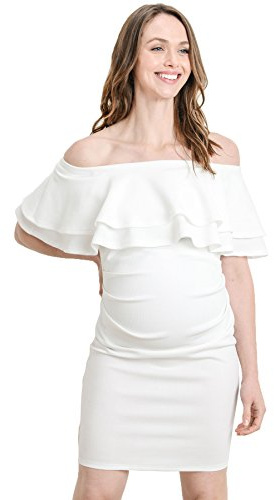 LaClef Womens Mini Off Shoulder Maternity Dress with Double Ruffle (Off-White, Small)