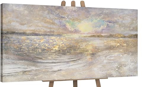 YS-Art Quadro moderno crepuscolo belle Immagini arte astratta moderna Moderni Paesaggio marino con oro nei toni del beige 140x70 cm