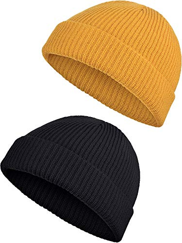 2 Pieces Winter Short Fisherman Beanie Hat Trawler Beanie Watch Hat Edge Skullcap for Men (Black and Yellow)
