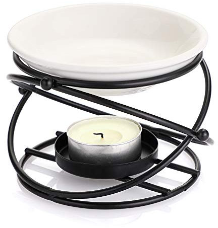 BSTKEY Metallbrenner für ätherische Öle Wachsschmelzbrenner mit Keramikschale, dekorativer Teelicht-Kerzenhalter Aromadiffusor, runde Form (schwarz)