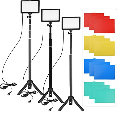 Andoer Videolampa, LED, 3-pack, dimbar, LED-videoljus, 3 200 K–5 600 K, USB-belysningsset med justerbart fällbart stativ, 5 färger, färgfilter, trippel kallskohållare för YouTube, fotografering
