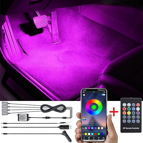 TABEN Kit de iluminación Ambiental para automóvil 64 Colores Mando a Distancia RF + Control de aplicación USB Car Footwell Atmósphere Light, DIY 16 Millones RGB Sonido Música Sincronización DC 12V
