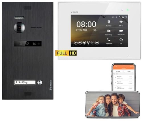 Balter EVO HD Schwarz/Weiß WiFi Video Türsprechanlage Set für 1 Familienhaus (1x Türstation mit Full HD-Kamera, 1x Touchscreen 7 Zoll Monitor, Smartphone APP, 2-Draht, 175° Weitwinkel)