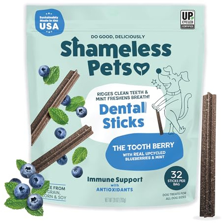 Shameless Pets Blueberry & Mint Dental Chews for Dogs, 32 Chews - Natural Dog Teeth Cleaning Treats with Fresh Breath Benefits | Grain-Free Dental Sticks for Small, Medium & Large Dogs