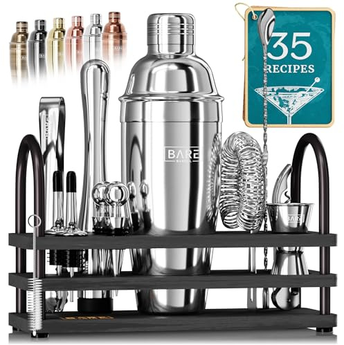 BARE BARREL® Mixology Bartender Kit Bar Set | 14-Piece Cocktail Shaker Set | Martini Barware Mixing Tools for Home Bartending | 35 Recipe Cards | Gift Set (24oz Cobbler Shaker, Silver/Black)