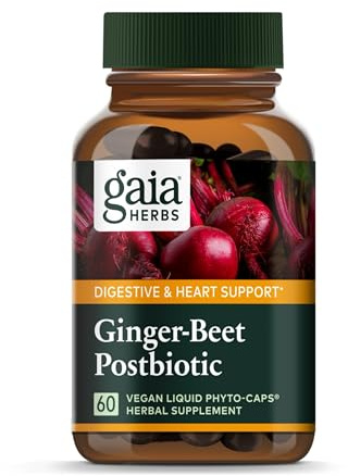 Gaia Herbs Ginger-Beet Postbiotic - Supplement for Gut & Heart Health Support - Made with Organic Fermented Beets & Ginger - Free from Dairy, Soy & Gluten - 60 Vegan Capsules (30 Servings)
