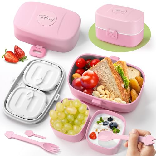 TUSEASY Brotdose Kinder mit Fächern - Leichtgewicht Brotbox Kinder Auslaufsicher - Vesperdose Lunchbox Bento Box kinder für Kindergarten und Schule - BPA-frei | Mikrowellengeeignet - 860 ml - Rosa