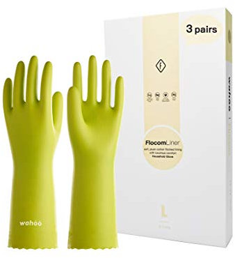wahoo 3 Paires Gants Menage, Gants Vaisselle Doublure Floquée en Coton, Extra Doux Gants de Nettoyage, Sans latex, Étanche, Bourgeon Tendre, Taille L
