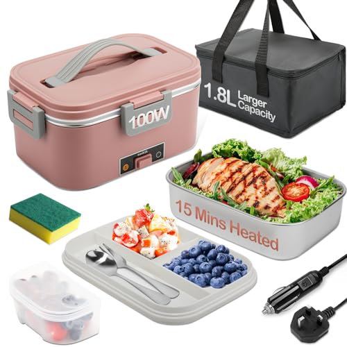 BYbrutek Elektrische Lunchbox 100W, 3-In-1 tragbare beheizte Lunchbox, 1,8L Edelstahl Entnehmbare brotdose, 12V/24V/220V Insulated Wärmebox Auto/Lkw/Bür (Rosa, 1.8 L)