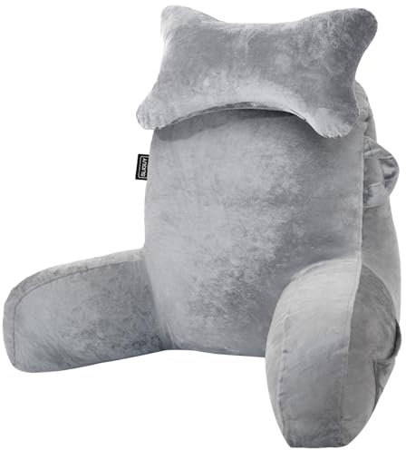 Lesekissen zum Sitzen auf der Bettcouch Erwachsene, Rückenkissen mit Armstütze, Rückenkissen für Erwachsene Bettstuhl für Bettruhe, Lesen, Fernsehen, Gaming Hellgrau