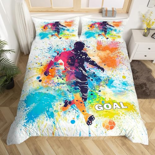 Homemissing Tema Sportivo per Ragazzi Copripiumino 140 x 200 cm Calcio Biancheria da Letto Giocatore di Calcio Sport Set di Biancheria Da Letto Colorato Acquerello Spruzzo Inchiostro Tie - Dye