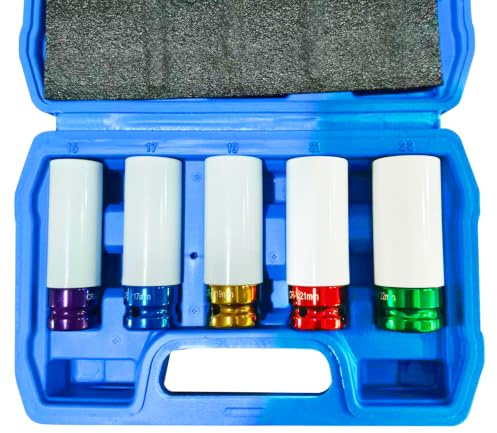 DASBET 5PCS Lug Nut Impact Socket Kit 1/2 Inch Drive Impact Wheel Nut Socket Set Thin Wall Deep Wheel Protector Sockets 6 Point, Metric 15mm, 17mm, 19mm, 21mm, 22mm