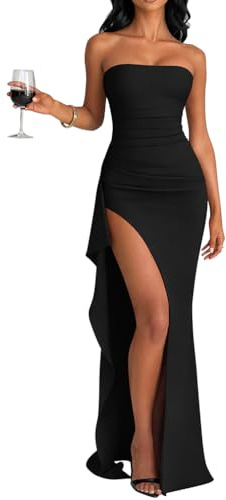 LAGSHIAN Women's Elegant Tube High Split Maxi Dress Strapless Bodycon Ruched Long Formal Evening Dress Black