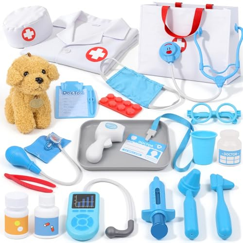 JOYSINTOY Valigetta Medica per Bambini Dai 3 Anni in su, con Cane in Peluche, Stetoscopio, Borsa Medica e Camice Medico, Giocattolo Veterinario, Regalo per Ragazzi e Ragazze, Giochi di Ruolo