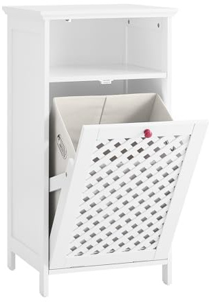 SoBuy Mueble Baño Mueble Auxiliar de Baño con Cesto para Ropa y Estante Abierto – Armario Baño en MDF E1 y Tejido No Tejido con Puertas Trenzadas y Tiradores Rojos 45x41,5x87cm BZR211-W