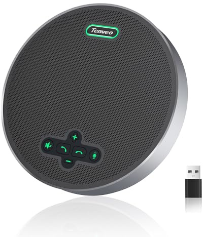 Tenveo Haut-Parleur de Conférence Bluetooth sans Fil, 8 Micros Omnidirectionnels 360°, Portée 6m, 18H Autonomie, Microphone de Réunion USB pour 15 Personnes, Compatible Zoom/Teams/PC