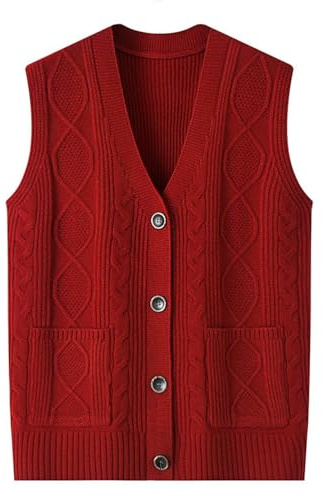 Chalecos de punto para mujer, suéteres de punto para mujer, chaleco de punto sólido con cuello en V, botones, sin mangas, ligero, frente abierto, chaleco de punto trenzado para la vida diaria en
