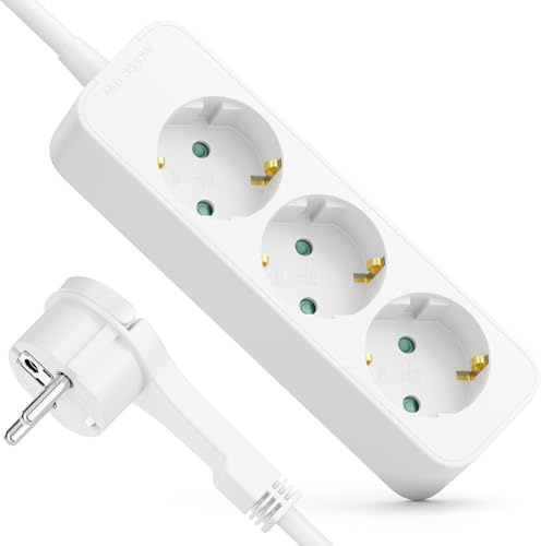 deleyCON Regleta 3 Tomas con Enchufe Plano - 1,4m Cable - Ideal Detrás Muebles, Base Múltiple Corriente Distribuidor Extensión Regleta 3680W 16A - Blanco