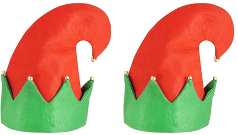 Lizzy | Christmas Elf Hat, Adults Teens Unisex, Red Green with Bells, 28x32CM | Soft Comfortable Fit, Festive Fancy Dress Accessory for Xmas Parties, Holiday Costume