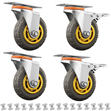 4Pcs Ruedas Industrial Giratorias de Goma,Ruedas para Muebles Pesada,Neumático Banda de Rodadura,Carga 600kg,Doble Rodamiento,Mudo,para Carros Banco de Trabajo Maquinaria (75MM,Universal+Freno)