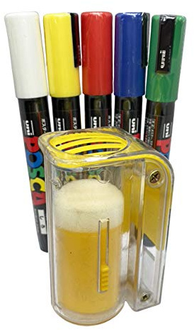 Queen Marking Kit – 5 POSCA Marking Pens (Green, Blue, Yellow, White and Red) with One-Handed Queen Marking Cage and Bee Family Car Stickers