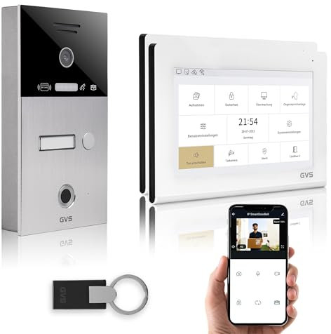GVS - IP Video Türsprechanlage mit Türöffner, Fingerprint & RFID, HD Kamera, 2X 7 Zoll Monitor & App - Smarte Video Türklingel mit Kamera & Gegensprechanlage für 1 Familienhaus (AVS4472A)