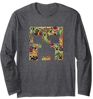 Minecraft Creeper Big Face Collage Manche Longue, Unisexe pour adultes, Chiné Foncé, S