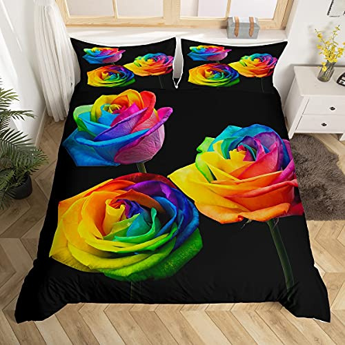 Homemissing Rose Duvet Cover Rainbow Roses Floral Comforter Cover Blossom Flowers Bedding Set For Kids Girls Women Colorful Bouquet Bedding & Linen Couple Lover Valentine's Day Single Size Bedclothes