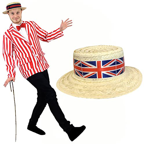 Disfraz de jubileo para adultos, traje de rayas rojas y blancas + sombrero de navegante con banda de la bandera de Union Jack, disfraz de fiesta Jubilee Street para hombre (mediano)