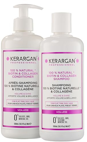 Kerargan - Duo Volumizzante Shampoo & Balsamo alla Biotina & Collagene per Capelli Piatti, Fini e Opachi - Potenzia Luminosità & Struttura - Senza Solfati, GMO, Silicone, Oli Minerali - 2x500ml