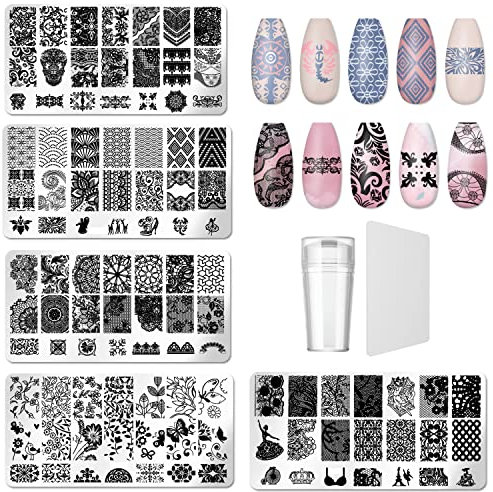 Nagel Schablone Stempel Set, 5 Stück Nail Stamping Plate mit 1 Stück Transparent Stempel, 1 Stück Schaber, Nail Art Tool für Frauen Mädchen