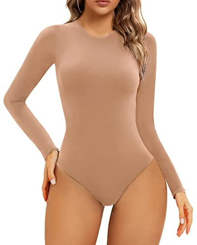 SHAPERX Body Femme Manche Longue Bodysuit Top Haute Élasticité Haut à Col Rond Justaucorps avec String, UK-SZ5242-Sienna-L