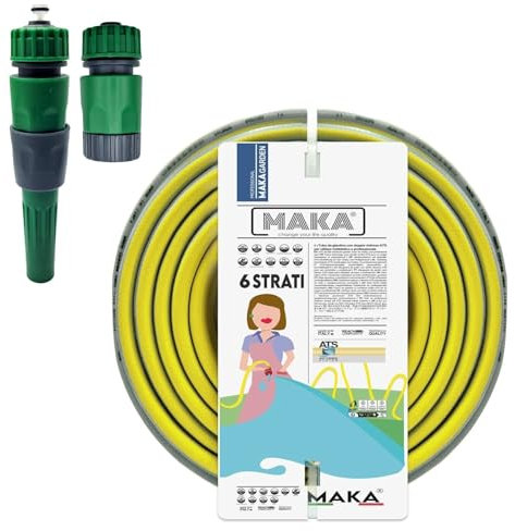 MAKA Kit Tubo Acqua Giardino 1/2 Pollice 12.5mm con Accessori Innesto Rapido Pressione 40 Bar 6 Strati Flessibile con Doppio Rinforzo Retinato Antitorsione Resiste Caldo Gelo UV Riciclabile (15 mt)