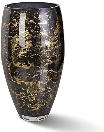Terroso – Vase – Mundgeblasenes schwarzes Glas – Luxuriöses Erscheinungsbild, Stilvoll & Elegant - 38 cm hoch - Marmoroptik – Blumenvase