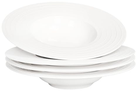 Jinsongdafa Lot de 4 Bols à Pâtes et Soupe, Assiettes Creuses 230 ml, Assiettes Plates Blanches, Bord en Porcelaine Qualité Supérieure, 24,3 cm Gaufré