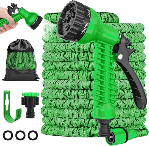 LINGKY 25FT Expandable Garden Hose Pipe, Upgraded Expanding Water Hose with 7 Function Spray Nozzle Gun, 1/2& 3/4 Fittings, Flexible Lightweight Anti-Kink Durable (7.5M/25FT,Green)