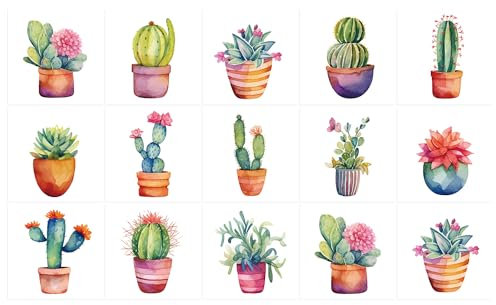 Ulticool Adesivi impermeabili per piastrelle - Pianta di cactus in vaso - 15 x 15 cm - 15 pezzi di adesivi a forma di piastrelle in lamina - per parete bagno - parete cucina piastrelle adesive