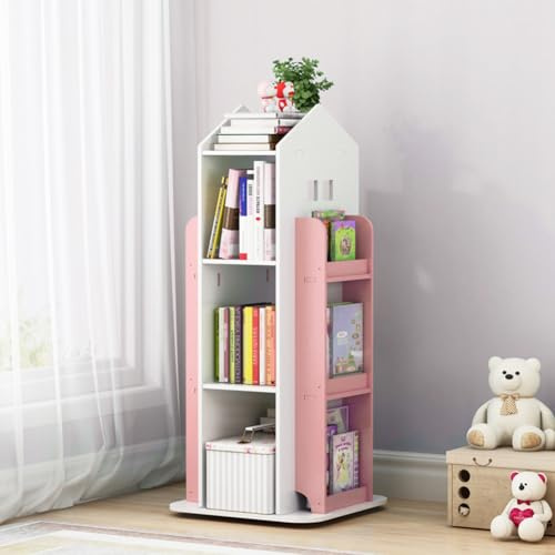 Warmiehomy Rotating Kids Bookshelf Children's Bookcase Revolving Corner Bookshelf Storage Rack for Kids Toddler Children Playroom Study Room (Pink)