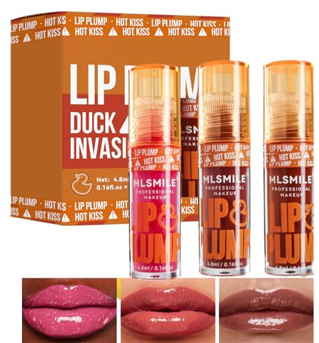 Lip Plumper Oil,3Farben Lippenöl Lipgloss,Lipgloss für sichtbar vergrößerte Lippen,Reduziert Falten Lippenaufpolsterndes Öl Spiegel Lippenglasur,Perlglanz Doodle Lippenstift,Lippen-Glasur Look Plumper