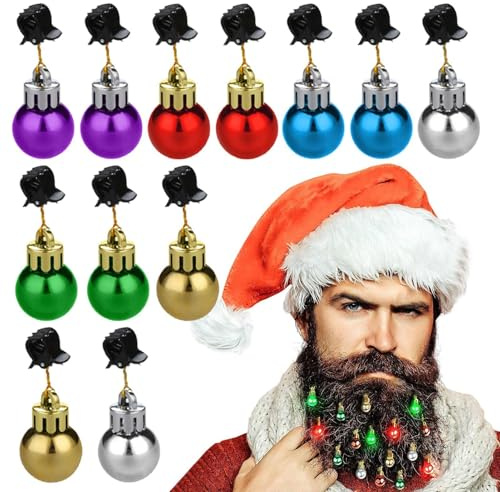 Skägg jul julgranskulor, 12 delar jul skäggboll klock klämma, färgglada jul skägg hår julgranskulor ornament, roliga skäggjulgranskulor för män lysande minis jul skäggdekorationer