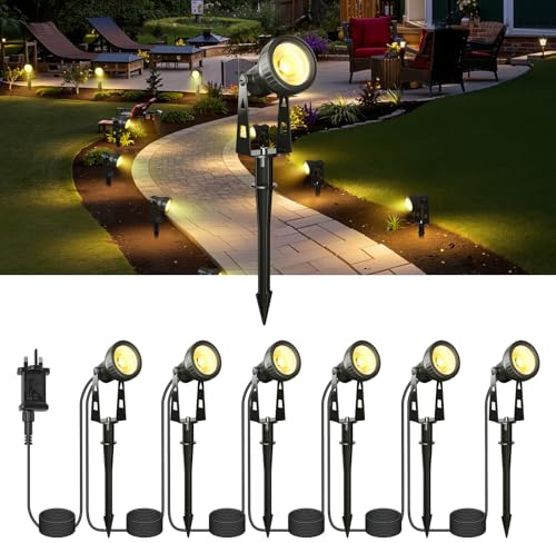Kawaya 6-in-1 Plug in Garden Path Lights 14M, IP68 Spike Spot Lights | 36V Mains Powered Waterproof Cable 3100K Warm White Outdoor Floor Landscape Lighting for Side Path Lawn Backyard Fence