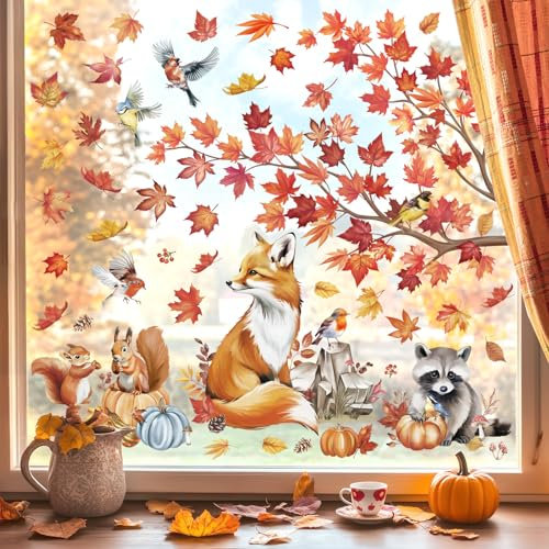 wondever Fall Maple Leaves Tree Branch Window Clings Autumn Animals Fox Squirrel Racoon Glass Sticker Decal Anti Collision Double-Side Static Window Stickers for Home Glass Window