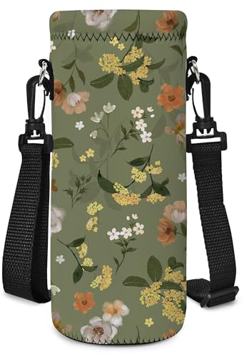 Mibbxea 500 ml vattenflaska bärväska, axelväska för flaskor, neopren flaskkylare med bärrem för män kvinnor, resor, cykling, vandring, gym, löpning, camping (blommor)