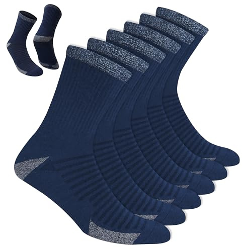 BLITZSOX Men’s Sports Running Socks Crew Length Cushioned Breathable Cotton, Pack of 6 (9-11, Denim Blue)