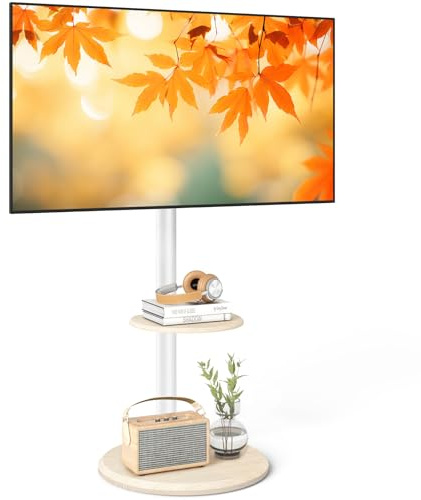RFIVER TV Floor Stand with Hidden Wheels for 32-65 Inch TVs White Mobile TV Stand with Wooden Round Shelf Base Height Adjustable Tilt Portable TV Stand Holds Up to 40 kg Max VESA 400x400mm