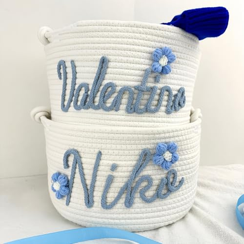 Cestino Intrecciato In Corda Di Cotone Personalizzato Con Nome per Neonato, Regalo Personalizzato per Battesimo Neonato, Contenitore per Pannolini, Contenitore Portaoggetti per Neonati(28cm x 16cm)